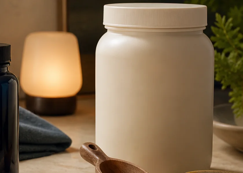 Powder jar and scoop representing the daily energy collection