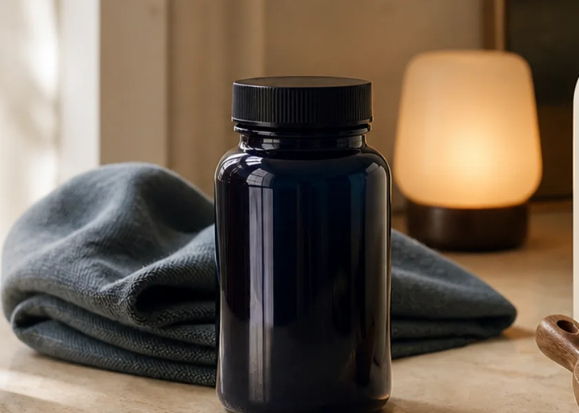 Dark glass bottle representing the evening-support collection